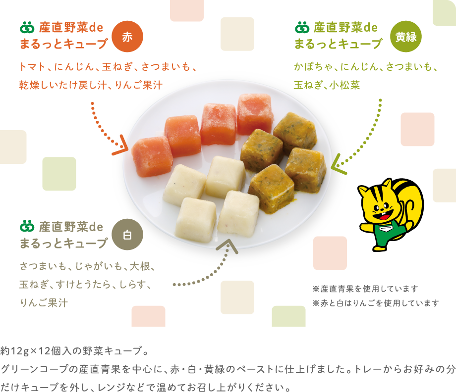 産直野菜de まるっとキューブ 約12g×12個入の野菜キューブ。グリーンコープの産直青果を中心に、赤・白・黄緑のペーストに仕上げました。トレーからお好みの分だけキューブを外し、レンジなどで温めてお召し上がりください。